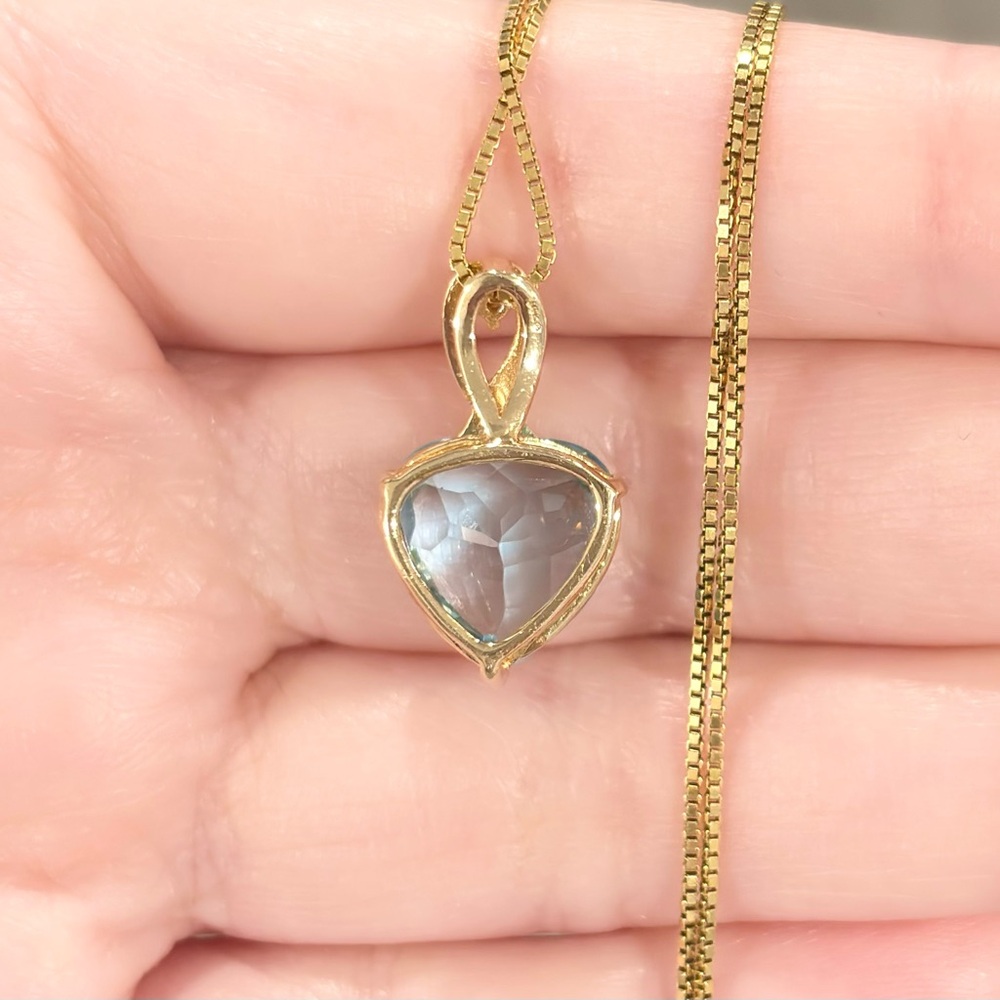 14K Gold Swiss Blue Topaz Heart Pendant: Diamond Accent Filigree - Picture 9 of 12